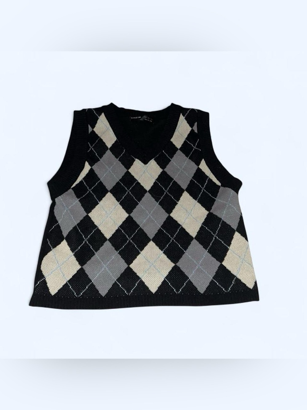 SHEIN Black Argyle Knit V-Neck Sweater Vest with Gray and Cream